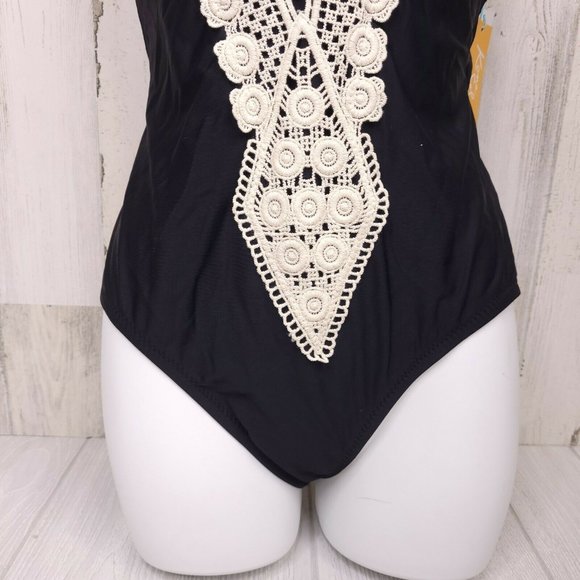 Kona Sol Crochet Trim Plunge One Piece Swimsuit M - Picture 5 of 5